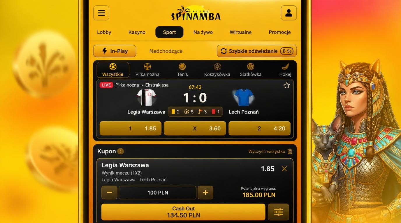 Ekran aplikacji Spinamba – sekcja sportowa z funkcją live i Cash Out