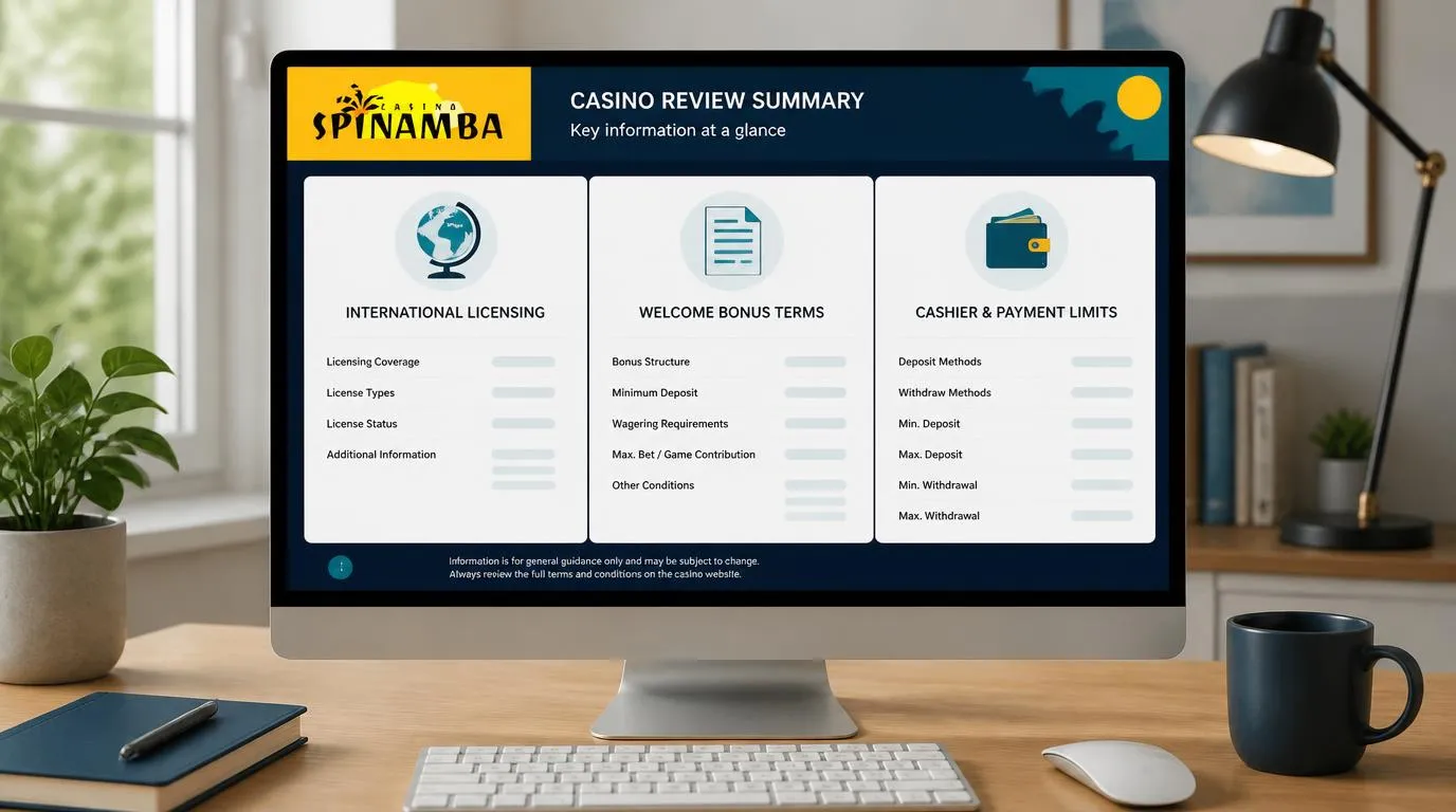 Panel kasyna z informacjami o licencji międzynarodowej, warunkach bonusu i limitach płatności