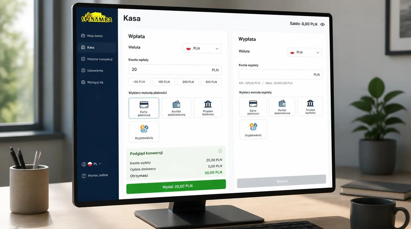 Panel kasjera z saldem w PLN, wyborem karty, portfela i kryptowalut oraz progami wpłaty i wypłaty