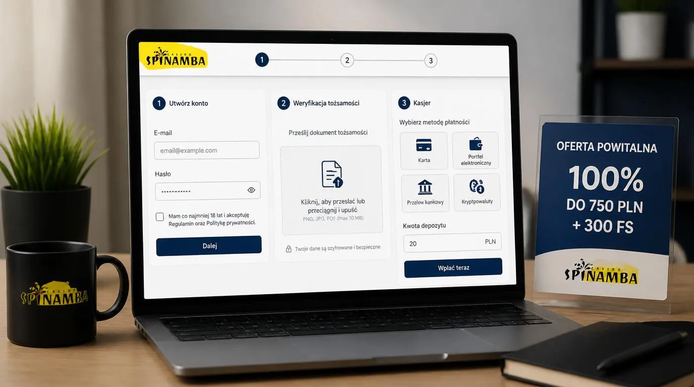 Panel rejestracji, weryfikacji tożsamości i kasjera z kwotą depozytu 20 PLN na ekranie laptopa